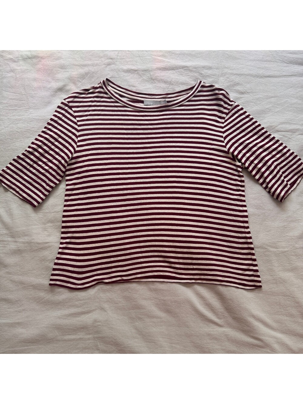 Vince Striped Silk Blend Slub Knit Cropped T-Shirt Burgundy Cream Size M